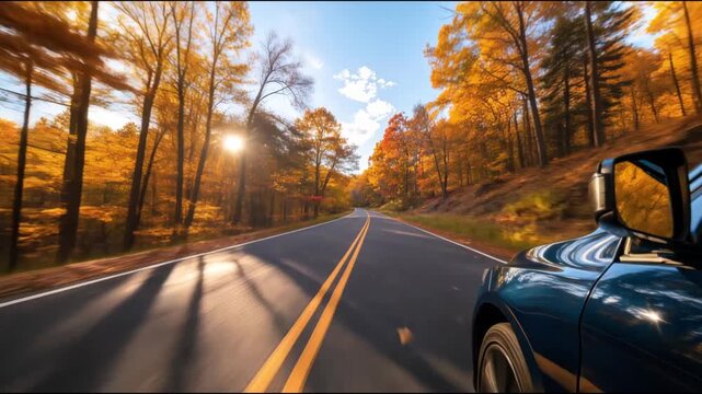 Point of view from a vehicle driving on a country road surrounded by colorful autumn foliage