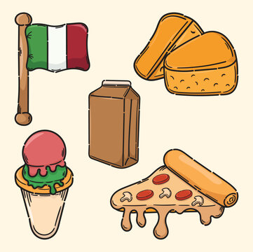 Illustration of italian flag italian icon pizza gelato and cheese italian sticker icon
