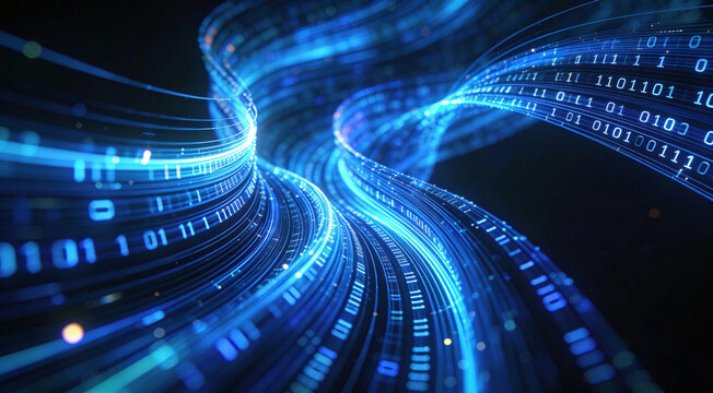 Futuristic Blue Glowing Binary Data Stream Waves, High Speed Fiber Optic Cable Connection Background, Cyber Security and Quantum Computing Network Concept