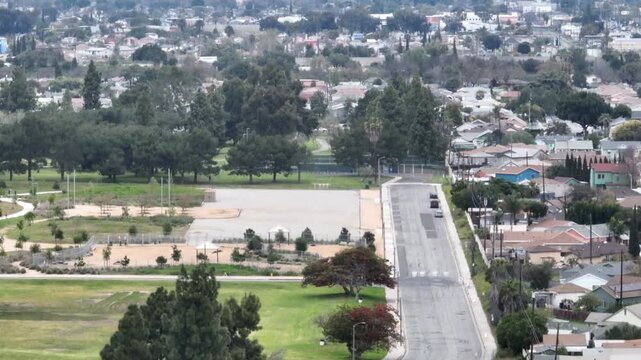 Suburb of Compton California With DTLA City Skyline Drone Aerial Footage