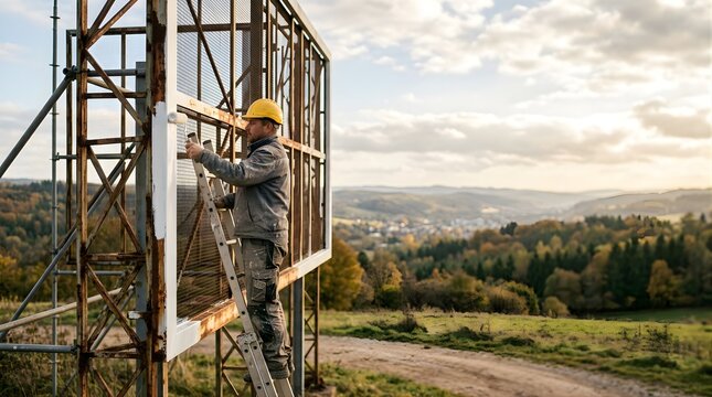 Construction worker painting a large metal billboard frame on a rural hill