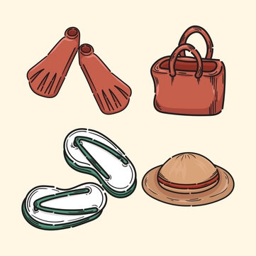 Illustration of beach items diving equipment sandals beach hat beach bag beach icon holiday
