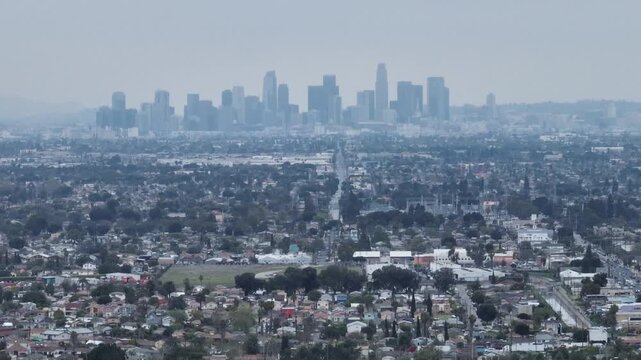 Suburb of Compton California With DTLA City Skyline Drone Aerial Footage