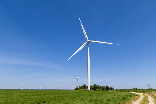 View of large white wind turbines standing in a lush green field under a clear blue sky with a dirt path on the side Toronto, Ontario, Canada.