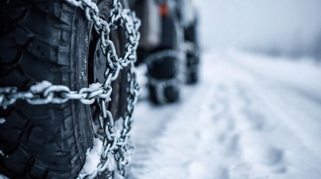 Tire with snow chains driving on winter road for traction and safety on ice