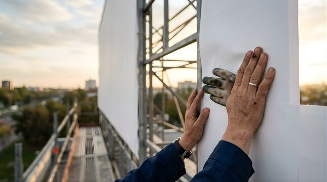 Worker installing a blank white poster on an outdoor billboard at sunset