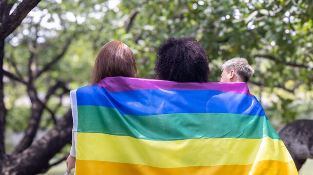 Group for human rights.Lesbian, ally, happy people for LGBTQ support in nature,relax with identity equality. Friends, pride flag, women in park with smile for bonding, community. Pride month. concept