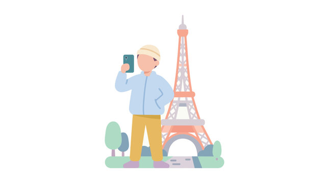Cartoon tourist taking a selfie in front of the Eiffel Tower in Paris.