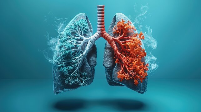 Anatomical Medical Illustration of Emphysema Pulmonary Disease Showing Damaged Lung Tissue, COPD Chronic Obstructive Pulmonary Disorder, Respiratory System Disorder, Human Lung Pathology 