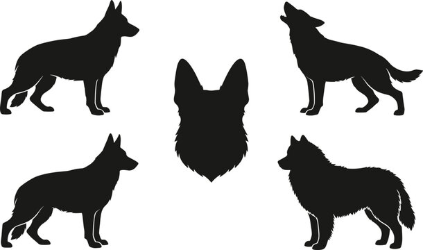 German Shepherd and Wolf Dog Silhouette Collection with Howling and Standing Poses Isolated on Light Background