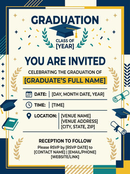 Graduation invitation template design featuring academic cap and scroll icons for high school or college ceremony