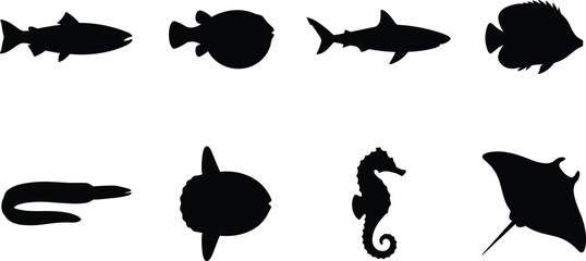 Marine Fish and Sea Creature Silhouette Vector Collection Featuring Shark Eel Seahorse and Stingray Isolated Set © SreePoreshChandra
