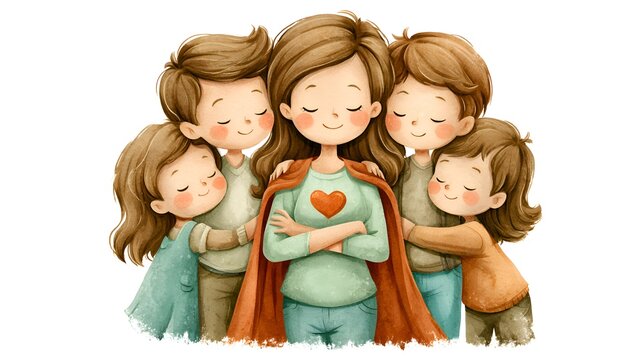 A proud supermom stands with her arms crossed wea a cape and is lovingly embraced by her four happy children in this cute illustration.
