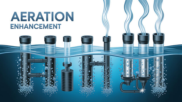 Aeration system enhances water quality with multiple tubes and bubbles underwater in an industrial setting with technology