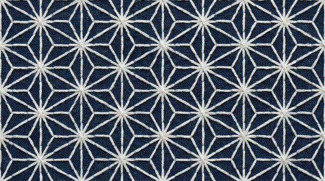 Traditional Japanese Sashiko Embroidery 
Pattern on Navy Blue Fabric Texture Background