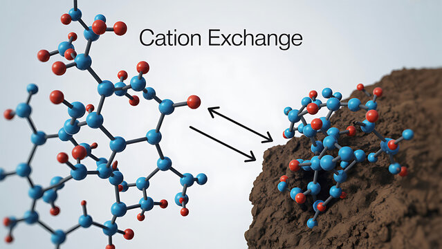 A molecular illustration depicts cation exchange occurring between a chemical compound and soil.