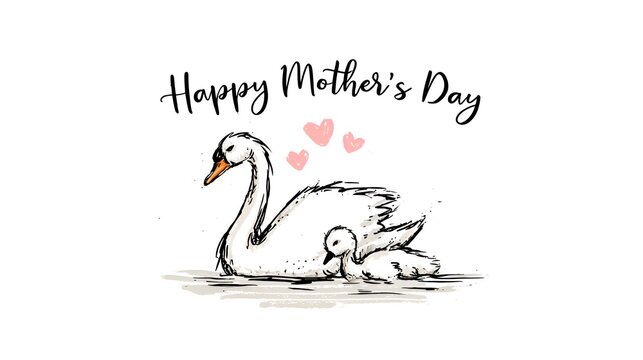 A loving swan and cygnet share a tender moment on Mother's Day with pink hearts above, creating a beautiful and touching illustration.