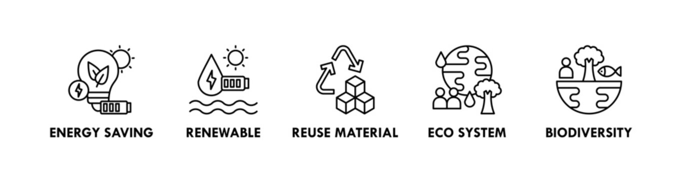 Environmental Protection banner web icon illustration concept with icon of energy saving, renewable, reuse material, eco system, and biodiversity