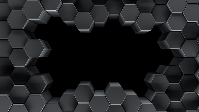 Border of patterned gray hexagons with empty center frame. Array of 3d rendered hex shapes creating a shiny frame for futuristic, scientific, or technical backgrounds.