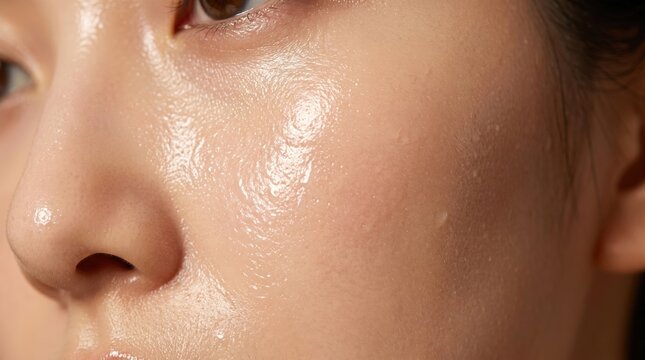 オイリー肌でテカリのある女性の顔の超クローズアップ、スキンケアと皮膚科のコンセプト