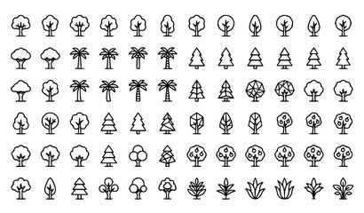 Fototapeta premium Modern tree outline icon collection with botanical and forest vector symbols