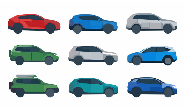 Flat SUV vehicle icon set with modern crossover automobile vector graphics