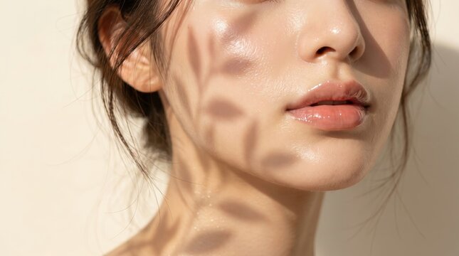 Beautiful Young Woman with Glowing Skin and Soft Leaf Shadows on Face, Natural Skincare and Beauty Concept
