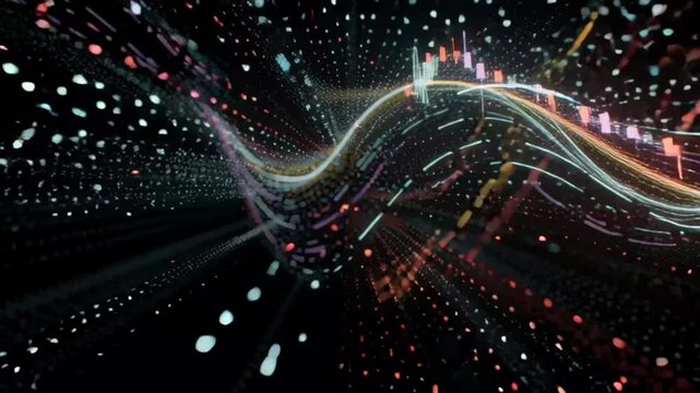 Abstract financial market data visualization with flowing light trails and candlestick charts.
