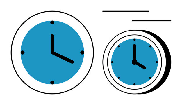 Time management, punctuality, productivity, organization, scheduling, efficiency. Two clocks showing different angles with clean, simple lines. Time management and punctuality theme
