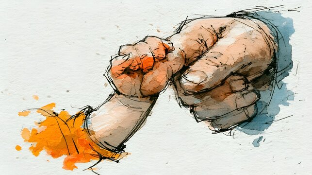 A delicate watercolor painting depicts a large adult hand gently holding the tiny fingers of a baby signifying love and connection.