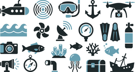 Marine exploration vector illustration set featuring underwater equipment and ocean life icons for creative design projects © Septarim