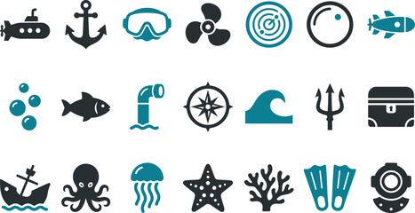 Set of diverse marine and nautical icons featuring underwater creatures ships and professional diving equipment gear © Septarim