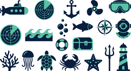 Detailed set of nautical vector icons featuring marine life and underwater exploration equipment for creative projects © Septarim