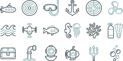 A collection of various underwater themed icons featuring marine life and nautical equipment as vector graphics © Septarim
