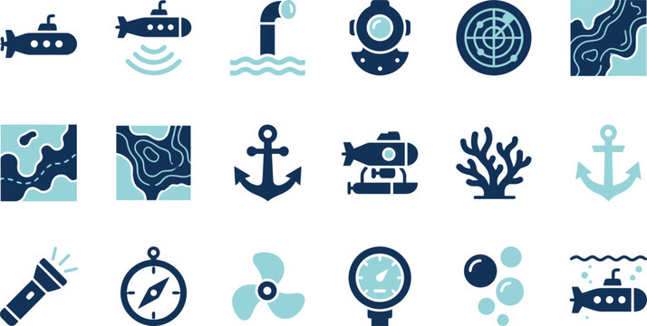 Set of blue nautical and underwater submarine vector icons for maritime navigation and ocean exploration tasks