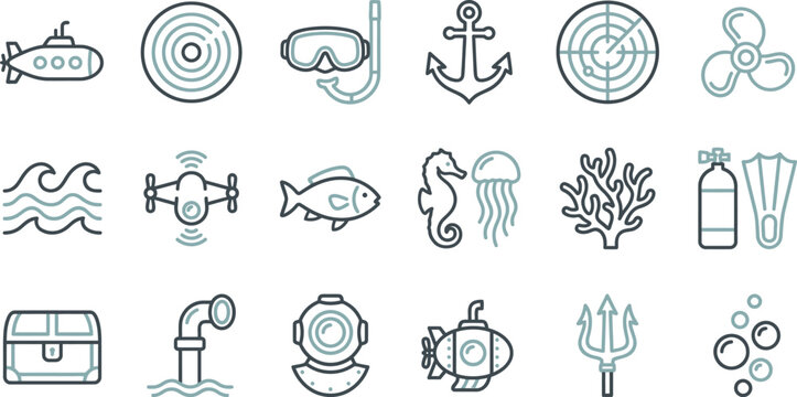 A collection of various underwater themed icons featuring marine life and nautical equipment as vector graphics