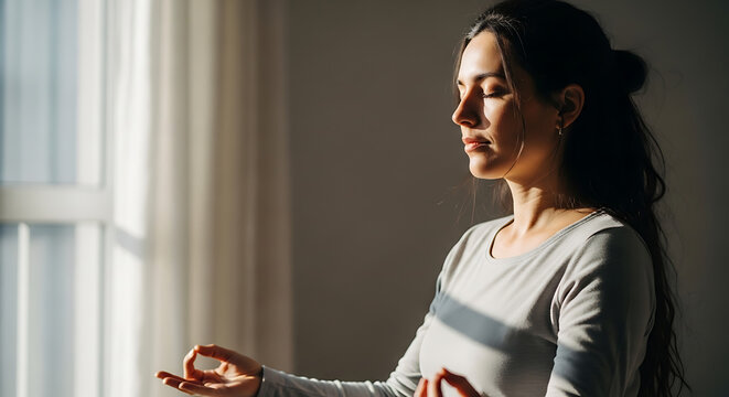 Peaceful young woman meditating indoors during golden sunrise light, mindfulness practice for mental wellness, yoga breathing exercise, calm lifestyle and relaxation concept