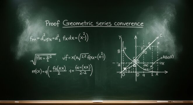 A chalkboard displays geometric series convergence proof with equations and graphs.