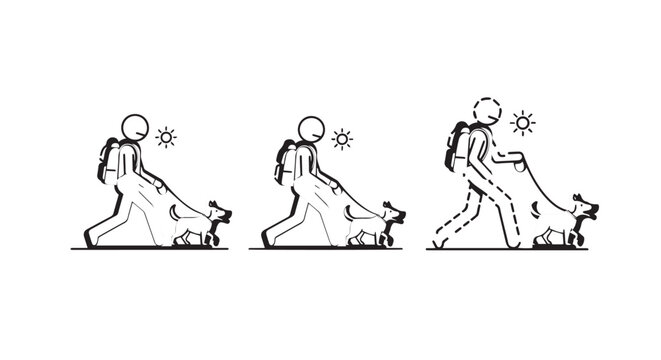 Illustrations of person walking dogs in sequential motion.