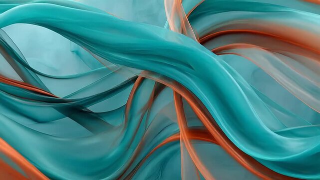 Elegant abstract background featuring smooth, flowing waves of teal, turquoise, orange, and cream colors, creating a dynamic and fluid texture for design projects
