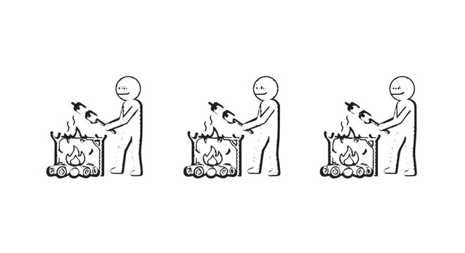 Illustrations of Person Disposing Waste in Burning Bin.