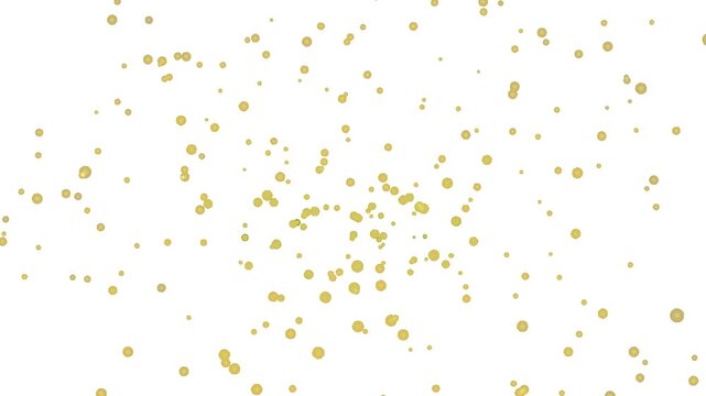 Cinematic seamless loop of dreamy yellow abstract shapes floating towards camera over clean white background.

