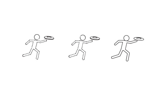 Sequential illustrations of a person throwing a frisbee.