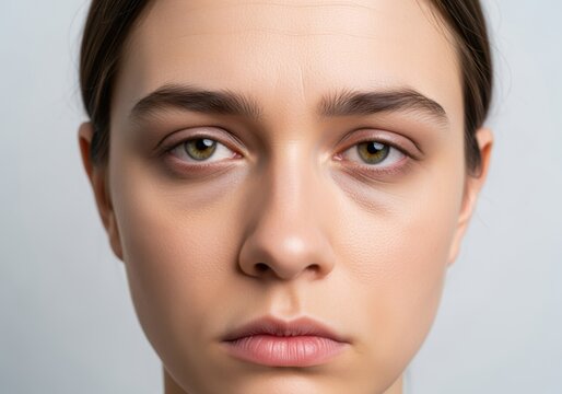 Close-up portrait of a young woman displaying prominent dark circles beneath her tired, concerned eyes, hinting at stress or lack of sleep, conveying a universal human experience