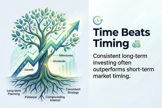 Financial growth concept with tree and upward arrow illustrating long-term investing strategy and compounding interest