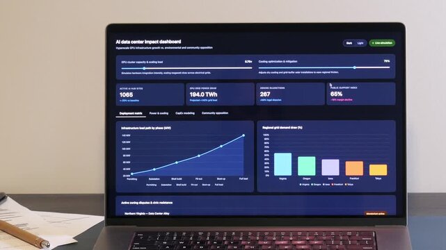 Middle Aged Business Analyst Reviewing AI Data Center Dashboard SaaS Data Modeling for Public Acceptance Rate and Top Revenue Configuration Concept