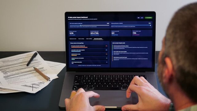 Middle Aged Business Analyst Reviewing AI Data Center Dashboard SaaS Data Modeling for Public Acceptance Rate and Top Revenue Configuration Concept
