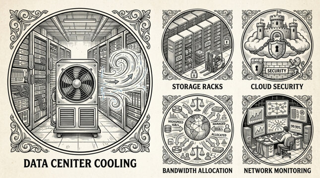 Vintage illustration of data center cooling and network infrastructure.