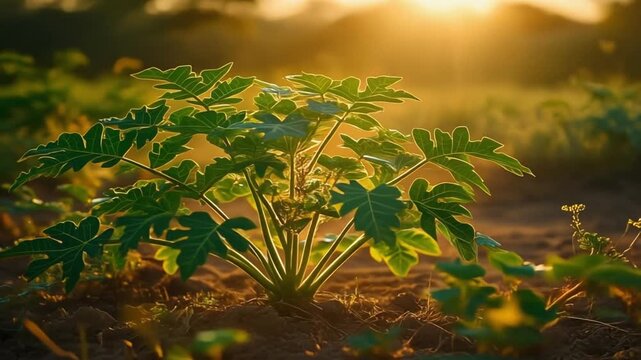 Green jatropha plant growing in field during golden sunset