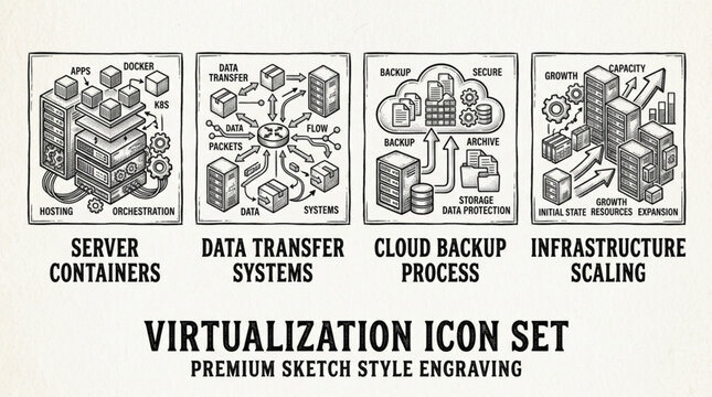 Virtualization Icon Set Premium Sketch Style Engraving.